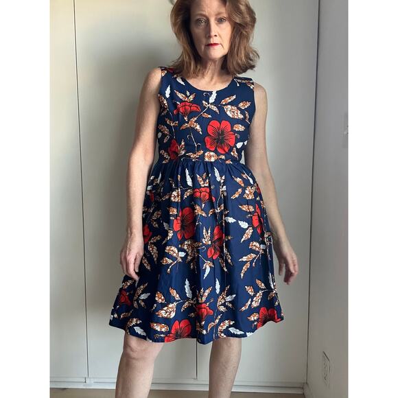 Vintage Handmade Dress Hawaiian hibiscus Print Knee Length Size Small Blue Red - Picture 4 of 9